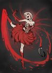  1girl akairiot bare_shoulders blood bloody_tears breasts cleavage dancing danse_macabre_(akairiot) full_body leg_up limited_palette medium_hair open_mouth original red_eyes red_skirt sharp_teeth skirt smile solo teeth white_hair 