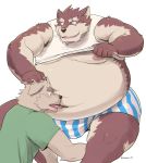  2018 anthro belly big_belly blush bulge canid canine canis clothed clothing clothing_lift deep_navel domestic_dog duo eye_scar eyebrows hi_res inverted_nipples iwano licking licking_navel male male/male mammal navel_fetish nipples obese obese_male overweight overweight_male scar shirt shirt_lift smile tongue tongue_out topwear underwear 