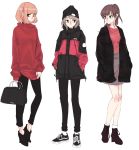  3girls ari_(arikoro88) bangs beanie black_bag black_eyes black_footwear black_headwear black_pants brown_hair coat expressionless full_body grey_hair hands_in_pockets hat high_collar highres long_hair long_sleeves multiple_girls orange_hair original pants red_sweater shoes short_hair simple_background sleeves_past_wrists smile socks standing sweater white_background white_legwear 