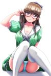  1girl alternate_costume arm_up bangs black_ribbon blue_eyes blue_panties blush breasts brown_hair cleavage closed_mouth collarbone commentary_request crotch_seam dead_or_alive dead_or_alive_6 dress eyebrows_visible_through_hair glasses green_dress hair_ornament hair_ribbon hand_in_hair hiroyama_(hpzg5374) hitomi_(doa) knees_up long_hair looking_at_viewer medium_breasts panties pantyshot pantyshot_(standing) puffy_sleeves red-framed_eyewear ribbon sailor_collar shadow short_sleeves sidelocks sitting smile solo standing thighhighs underwear white_background white_legwear white_sailor_collar 