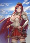 1girl bangs blue_eyes boudica_(fate/grand_order) breasts cape cleavage closed_mouth cloud cowboy_shot crown fate/grand_order fate_(series) hand_on_hip large_breasts long_hair looking_at_viewer maekawa_yuichi parted_bangs red_cape red_hair red_skirt shiny shiny_skin skirt sky smile solo standing sun sword thighhighs weapon 