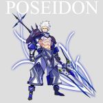  1boy armor bare_chest character_name chest_tattoo full_body gauntlets glowing_tattoo greek_mythology grey_background highres looking_at_viewer mecha_danshi muscle original palow pants polearm poseidon_(mythology) shoulder_armor solo tattoo trident weapon white_hair yellow_eyes 