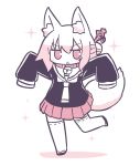  1girl :o animal_ear_fluff animal_ears bangs bell bell_collar blush collar commentary_request eyebrows_visible_through_hair fox_ears fox_girl fox_tail full_body hair_between_eyes hair_bun hair_ornament highres jingle_bell kemomimi-chan_(naga_u) long_sleeves looking_at_viewer monochrome naga_u original parted_lips pleated_skirt ribbon-trimmed_legwear ribbon_trim sailor_collar shadow shirt sidelocks skirt sleeves_past_fingers sleeves_past_wrists solo sparkle standing standing_on_one_leg tail thighhighs v-shaped_eyebrows white_background 