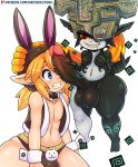  1boy 1girl animal_ears blonde_hair blue_hair blush bow bowtie breasts bulge bunny_ears clenched_teeth detached_collar earrings erection eyelashes futanari helmet huge_penis interspecies jacket jewelry link long_hair mato_spectoru midna navel nintendo no_nipples nude open_clothes open_jacket penis penis_on_face pointy_ears ponytail prehensile_hair red_eyes sharp_teeth smile sweat teeth testicles the_legend_of_zelda the_legend_of_zelda:_twilight_princess thick_thighs thighs thong uncensored white_background wide_hips wrist_cuffs yellow_sclera 