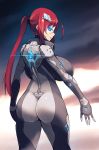  1girl absurdres ahoge artist_request ass blue_eyes bodysuit breasts from_behind glowing glowing_eyes highres huge_breasts long_hair looking_at_viewer open_mouth original ponytail red_hair scar shiny shiny_clothes shiny_hair sideboob skin_tight solo 
