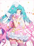  1girl aqua_hair bare_shoulders blush bow closed_mouth commentary dress feathered_wings flower gloves gradient_hair hair_flower hair_ornament hakusai_(tiahszld) half_gloves hands_up hatsune_miku long_hair mini_wings multicolored_hair pink_bow pink_dress pink_eyes pink_flower pink_hair red_flower revision short_dress simple_background sleeveless sleeveless_dress smile solo striped striped_bow symbol_commentary thighhighs twintails vertical_stripes very_long_hair vocaloid white_background white_flower white_gloves white_legwear white_wings wings 