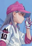  1girl baseball_cap baseball_uniform fkey gloves hand_on_headwear hat highres long_hair long_sleeves original pink_gloves pink_headwear profile red_eyes short_over_long_sleeves short_sleeves silver_hair solo sportswear upper_body white_gloves 