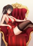  1girl ahoge azur_lane bare_shoulders black_hair black_legwear blush breasts chair champagne_flute choker cleavage cocktail_dress commentary_request cup dress drinking_glass eyebrows_visible_through_hair hair_between_eyes hair_ornament highres holding holding_cup large_breasts leng_xiao long_hair looking_at_viewer red_choker red_dress red_eyes sitting smile solo taihou_(azur_lane) taihou_(forbidden_feast)_(azur_lane) thighhighs thighs very_long_hair 