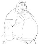  anthro belly big_belly black_and_white bulge canid canine canis clothed clothing fur grin hi_res iwano male mammal monochrome moobs musclegut muscular muscular_male obese obese_male open_jacket overweight overweight_male simple_background smile solo teeth white_background 