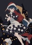  1girl aaaabo blue_hair book boots doremy_sweet dress eyebrows_visible_through_hair eyes_closed hat highres multicolored multicolored_clothes multicolored_dress nightcap pom_pom_(clothes) red_headwear sheep short_hair smile solo tail tapir_tail touhou white_footwear 