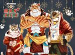  3boys ;) abs abs_cutout animal_ears animal_print arm_behind_head bara bell blue_eyes character_request chest_tuft christmas_tree cleavage_cutout clothing_cutout crossed_arms emoji english_commentary fingerless_gloves fluffy furry furry_male gift gloves hat hood hoodie large_pectorals leopard_boy leopard_ears leopard_print leopard_tail lin_hu_(nekojishi) looking_at_viewer male_focus merry_christmas multiple_boys muscular muscular_male neck_bell nekojishi one_eye_closed orange_eyes orange_fur paw_print pectoral_cleavage pectorals pelvic_curtain santa_hat short_hair smile snake_tattoo snowflake_background stomach tail tattoo tiger_boy tiger_ears tiger_stripes tora_d translated upper_body white_background wreath zipper 