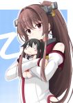  1girl blush brown_eyes brown_hair character_doll commentary_request crossed_arms detached_sleeves doll_hug hip_vent ichimi kantai_collection long_hair looking_at_viewer ponytail smile solo two-tone_background upper_body yahagi_(kantai_collection) yamato_(kantai_collection) 