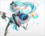  1girl bangs bare_shoulders black_bow black_footwear black_legwear black_skirt blue_eyes boots bow breasts colored_eyelashes commentary eyebrows_visible_through_hair frilled_skirt frills gloves green_hair green_neckwear hair_between_eyes hair_bow hakusai_(tiahszld) hatsune_miku headphones long_hair magical_mirai_(vocaloid) medium_breasts microphone microphone_stand necktie pantyhose petticoat revision shirt short_necktie skirt sleeveless sleeveless_shirt solo sparkle symbol_commentary thigh_boots thighhighs twintails very_long_hair vocaloid white_background white_gloves white_legwear white_shirt 