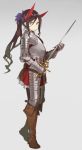  1girl armor boots brown_hair commentary fangdan_runiu frilled_skirt frills full_body holding holding_sword holding_weapon horns long_hair looking_at_viewer original plate_armor ponytail rapier simple_background skirt solo sword weapon 
