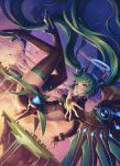  1girl aqua_eyes boots falling green_hair halterneck hatsune_miku high_heel_boots high_heels highres lolita_fashion long_hair mechanical_wings mool_yueguang open_mouth outstretched_arm shooting_star solo star_(sky) thigh_boots thighhighs thighs twintails very_long_hair vocaloid wings 