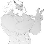  1:1 2018 96_gatefield abs crossed_arms digimon digimon_(species) felid gesture leomon looking_at_viewer male mammal muscular muscular_male pantherine pecs solo v_sign 