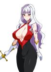  1girl bangs bare_shoulders blunt_bangs blush bodysuit breasts cleavage covered_navel cowboy_shot cutie_honey erect_nipples eyebrows_visible_through_hair gloves heart highres holding holding_sword holding_weapon idolmaster large_breasts long_hair looking_at_viewer purple_eyes purple_hair shijou_takane silver_hair simple_background smile solo sword tawashi1623 weapon white_background white_gloves 