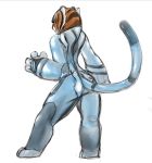  2019 4_fingers anthro butt claws clothed clothing dreamworks felid feline female fur hair kung_fu_panda mammal master_tigress multicolored_fur pantherine sabrotiger simple_background solo striped_fur stripes tiger toe_claws toes white_fur 