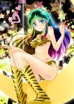  1girl animal_print blonde_hair blue_eyes blue_hair bra breasts feet_out_of_frame floating_hair green_hair highres horns looking_at_viewer lum makeup mascara medium_breasts multicolored_hair panties print_bra print_legwear purple_hair sato-pon sitting smile solo tiger_panties tiger_print underwear underwear_only urusei_yatsura yellow_bra yellow_legwear yellow_panties 