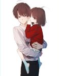  1boy 1girl age_difference ahoge bad_id bad_twitter_id black_pants blue_legwear brother_and_sister brown_eyes brown_hair carrying commentary_request hand_to_own_mouth highres honryou_wa_naru long_sleeves looking_at_viewer no_shoes original pants print_skirt red_sweater shirt short_hair siblings simple_background skirt socks standing sweater white_background white_shirt 