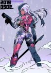  1girl armor ass blue_eyes bodysuit boots breasts dark_skin elma_(xenoblade_x) fujimoto_hideaki full_body gloves hair_ornament long_hair looking_at_viewer nintendo simple_background smile solo sword weapon white_hair xenoblade_(series) xenoblade_chronicles_x 