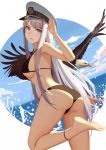  1girl ass azur_lane bald_eagle barefoot bikini bird black_bikini blue_sky breasts cowboy_shot day eagle enterprise_(azur_lane) from_behind hat highres horizon kamikakushi_no_ocarino large_breasts long_hair looking_at_viewer looking_back ocean peaked_cap purple_eyes revision salute silver_hair sky standing standing_on_one_leg swimsuit white_headwear 