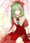  1girl :d commentary_request dress flower frilled_ribbon frilled_shirt_collar frilled_sleeves frills front_ponytail green_eyes green_hair hair_ribbon highres hinamatsuri kagiyama_hina long_hair looking_at_viewer open_mouth partially_submerged puffy_short_sleeves puffy_sleeves red_dress red_ribbon ribbon ryuuta_(akatukiryoka) short_sleeves sitting skirt_hold smile solo touhou tree_branch twitter_username water wrist_ribbon 