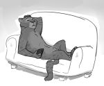  2018 animal_genitalia anthro balls cellphone chest_tuft disney eyes_closed felid fuel_(artist) fully_sheathed grey_background greyscale hand_on_head holding_object male mammal monochrome nude pantherine phone reclining renato_manchas sheath simple_background sofa solo tuft whiskers zootopia 
