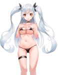  1girl absurdres areola_slip areolae azur_lane bikini black_bikini breasts cleavage collarbone cowboy_shot earrings erect_nipples eyebrows_visible_through_hair gluteal_fold hair_ribbon hands_on_own_chest highres jewelry kian long_hair looking_at_viewer medium_breasts micro_bikini multicolored_hair navel open_mouth orange_eyes prinz_eugen_(azur_lane) red_hair ribbon silver_hair simple_background solo standing swimsuit thigh_strap twintails two-tone_hair white_background 