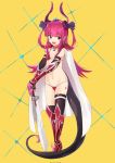  1girl absurdres arm_warmers armor bikini bikini_armor black_legwear blue_eyes boots breasts cape choker commentary_request earrings elizabeth_bathory_(brave)_(fate) elizabeth_bathory_(fate) elizabeth_bathory_(fate)_(all) fang fate/grand_order fate_(series) full_body hairband highres horns jewelry knee_boots long_hair lowleg lowleg_bikini navel open_mouth pauldrons pointy_ears purple_hair red_bikini red_footwear red_legwear simple_background small_breasts smile solo swimsuit sword tail thighhighs two_side_up vambraces weapon white_cape yellow_background yomogi_uehara 