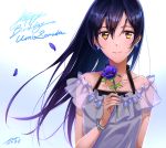  1girl anemone_(flower) bangs bare_shoulders birthday blue_flower blue_hair blush character_name closed_mouth collarbone commentary_request dated earrings floating_hair flower hair_between_eyes happy_birthday holding holding_flower jewelry long_hair looking_at_viewer love_live! love_live!_school_idol_festival love_live!_school_idol_project petals see-through signature simple_background smile solo sonoda_umi standing upper_body watch wedo wristwatch yellow_eyes 