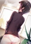  1girl ass bangs black_shirt blurry blurry_background brown_hair butt_crack commentary_request depth_of_field dutch_angle eyebrows_visible_through_hair from_behind highres idolmaster idolmaster_cinderella_girls idolmaster_cinderella_girls_starlight_stage indoors long_sleeves looking_at_viewer looking_back no_pants panties parted_lips plant purple_eyes revision shirayuki_chiyo shirt solo underwear wall_lamp white_panties window yan_(nicknikg) 