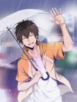 1boy :d ace_of_diamond blurry blurry_background brown_hair cat-24_(xmaru) collarbone eyes_closed facing_viewer hand_up highres holding holding_umbrella hood hood_down male_focus open_mouth outdoors rain sawamura_eijun shirt smile solo transparent transparent_umbrella umbrella upper_body white_shirt 