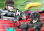  2boys amamiya_ren banana bandanna black_hair bodysuit brown_hair facial_hair food fruit gloves gun handgun headband highres kicdon male_focus mask metal_gear_(series) metal_gear_solid metal_gear_solid_2 multiple_boys nintendo persona persona_5 red_gloves short_hair simple_background sneaking_suit solid_snake super_smash_bros. weapon 