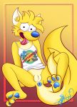  absurd_res anthro anus bottomless breasts canid canine canis clothed clothing domestic_dog female fur hi_res itchy_(the_simpsons) jewelry lisa_simpson lobofeo looking_at_viewer mammal necklace pussy scratchy_(the_simpsons) shirt solo the_simpsons tongue tongue_out topwear yellow_fur 