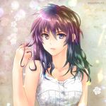  1girl blue_eyes blue_hair collarbone eyebrows_visible_through_hair green_hair grey_background hair_between_eyes hair_twirling heterochromia looking_at_viewer multicolored_hair original parted_lips purple_eyes purple_hair sato-pon shiny shiny_hair shirt sleeveless sleeveless_shirt solo twitter_username upper_body white_shirt 