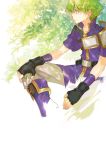  1boy boots fingerless_gloves fire_emblem fire_emblem:_fuuin_no_tsurugi gloves green_eyes green_hair nintendo noki_(affabile) sitting solo traditional_media watercolor_(medium) wolt 