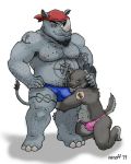  2019 5_fingers anthro anthro_on_anthro armpit_hair bandanna barefoot biceps body_hair bottomwear bulge chest_hair clothed clothing domination duo ear_piercing ear_ring facial_hair goatee horn kneeling male male/male male_domination mammal muscular muscular_male nanoff nipples penis_outline piercing rhinocerotoid shaved simple_background smile speedo standing submissive_male swimwear tattoo topless white_background 