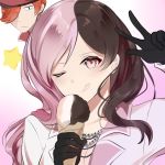  1boy 1girl ;q artist_name bead_necklace beads black_gloves blush breasts brown_hair cleavage food gloves gradient gradient_background hair_over_one_eye heterochromia highres holding holding_food ice_cream ice_cream_cone jacket jewelry long_hair medium_breasts multicolored_hair necklace neo_(rwby) one_eye_closed orange_hair pink_background pink_eyes pink_hair roman_torchwick rwby solo_focus star sunnypoppy tongue tongue_out two-tone_hair white_background white_jacket 