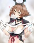  1girl blush breasts brown_hair censored cleavage clothes_pull collar collarbone embarrassed gloves gradient gradient_background green_eyes groin headgear heart kantai_collection large_breasts looking_to_the_side metal_collar mutsu_(kantai_collection) navel remodel_(kantai_collection) short_hair shrug_(clothing) solo torn_clothes upper_body white_gloves yamasaki_wataru 