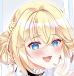  1girl azur_lane bare_shoulders blonde_hair blue_eyes blush commission eyebrows_visible_through_hair hair_between_eyes heart heart-shaped_pupils highres jeanne_d&#039;arc_(azur_lane) long_hair looking_at_viewer open_mouth origami_aya portrait skeb_commission solo symbol-shaped_pupils 