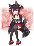  1girl :d akagi-chan_(azur_lane) animal_ears azur_lane bell black_legwear brown_hair collar collarbone commentary_request detached_collar fang fox_ears fox_girl fox_shadow_puppet fox_tail full_body hair_bell hair_ornament hair_ribbon highres jingle_bell kitsune long_sleeves looking_at_viewer open_clothes open_mouth platform_footwear pleated_skirt red_eyes red_footwear red_ribbon red_skirt ribbon satori_(ymoy) short_twintails sitting skirt smile solo strapless tail thighhighs twintails twitter_username white_collar wide_sleeves zettai_ryouiki 