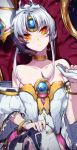  1girl bare_shoulders bracelet braid choker code:_empress_(elsword) collarbone crown detached_sleeves elsword eve_(elsword) facial_mark forehead_jewel gem highres jewelry throne upapa 