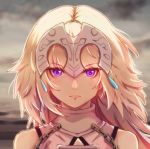  1girl bare_shoulders blonde_hair blurry blurry_background chains cloud cloudy_sky eyebrows_visible_through_hair fate/apocrypha fate_(series) floating_hair frown jeanne_d&#039;arc_(fate) jeanne_d&#039;arc_(fate)_(all) long_hair looking_at_viewer lyra-kotto portrait purple_eyes sky sleeveless solo 