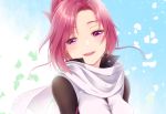  1girl :d blue_background head_tilt kemurikusa looking_at_viewer open_mouth red_eyes red_hair rin_(kemurikusa) sakuyabm scarf shiny shiny_hair short_hair smile solo tears upper_body white_background white_scarf 