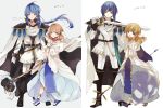  1boy 1girl blue_eyes blue_hair boots bracelet brown_hair cape celice_(fire_emblem) fire_emblem fire_emblem:_seisen_no_keifu green_eyes highres holding holding_sword holding_weapon jewelry lana_(fire_emblem) long_hair looking_at_viewer nintendo pauldrons ponytail sandals smile staff sword weapon yuuri_(114916) 