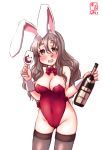  1girl alcohol alternate_costume alternate_legwear animal_ears artist_logo bare_shoulders black_legwear blush bottle bow bowtie breasts brown_eyes bunny_ears bunnysuit cameltoe cleavage covered_navel cowboy_shot cup dated detached_collar drinking_glass drunk fake_animal_ears grey_hair hair_between_eyes highres kanon_(kurogane_knights) kantai_collection leotard light_brown_hair long_hair looking_at_viewer open_mouth pola_(kantai_collection) red_leotard signature simple_background solo strapless strapless_leotard thick_eyebrows thighhighs wavy_hair white_background wine wine_bottle wine_glass wrist_cuffs 