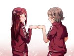  2girls ^_^ blush closed_eyes eyes_closed fist_bump from_behind grey_hair grin hair_ornament hairclip half_updo highres jacket long_sleeves looking_at_another love_live! love_live!_sunshine!! multiple_girls pants red_hair red_jacket red_pants sakurauchi_riko short_hair sleeves_pushed_up smile track_jacket track_suit watanabe_you yuchi_(salmon-1000) 