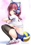  1girl animal_ears areola_slip areolae ass black_legwear blue_buruma blue_eyes blush breasts brown_hair buruma butt_crack cat_ear_headphones cat_ears closed_mouth commentary_request fake_animal_ears from_side fujima_takuya full_body go-toubun_no_hanayome gym_shirt gym_uniform headphones large_breasts lifted_by_self long_hair looking_at_viewer looking_to_the_side nakano_miku panties panties_under_buruma shirt shirt_lift shoes short_sleeves smile sneakers solo squatting thighhighs underboob underwear volleyball white_footwear white_panties white_shirt 