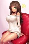  1girl alice_gear_aegis bangs blush breasts brown_hair cleavage couch dark_skin doyouwantto eyebrows_visible_through_hair green_eyes kaneshiya_sitara large_breasts light_bulb long_hair looking_at_viewer sitting solo strap sweater 